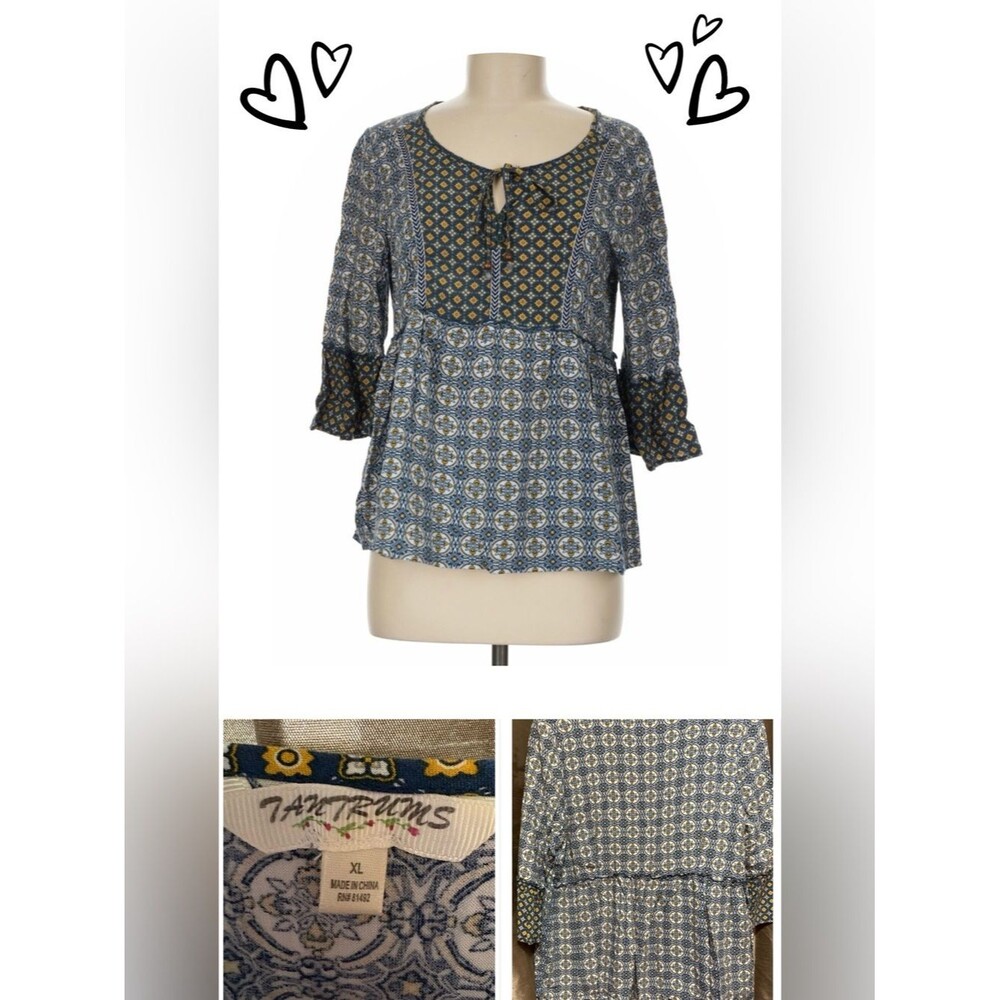 Tantrums Blue and Yellow Printed Peasant Blouse #1879